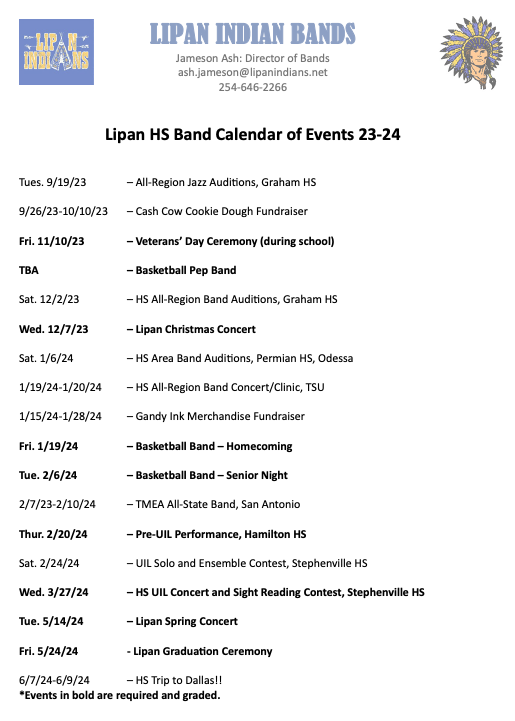 Lipan ISD HS Band Calendar of Events